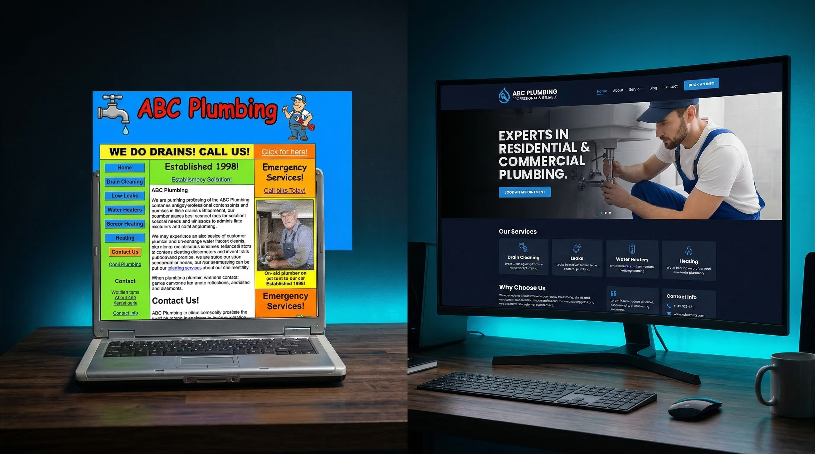 Before and after comparison: an outdated plumbing website transformed into a sleek modern design