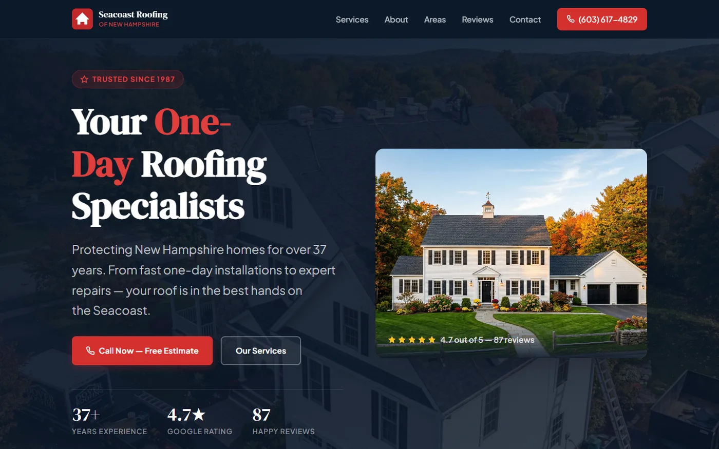 Modern SiteStorm redesign of Seacoast Roofing with clean typography and professional imagery