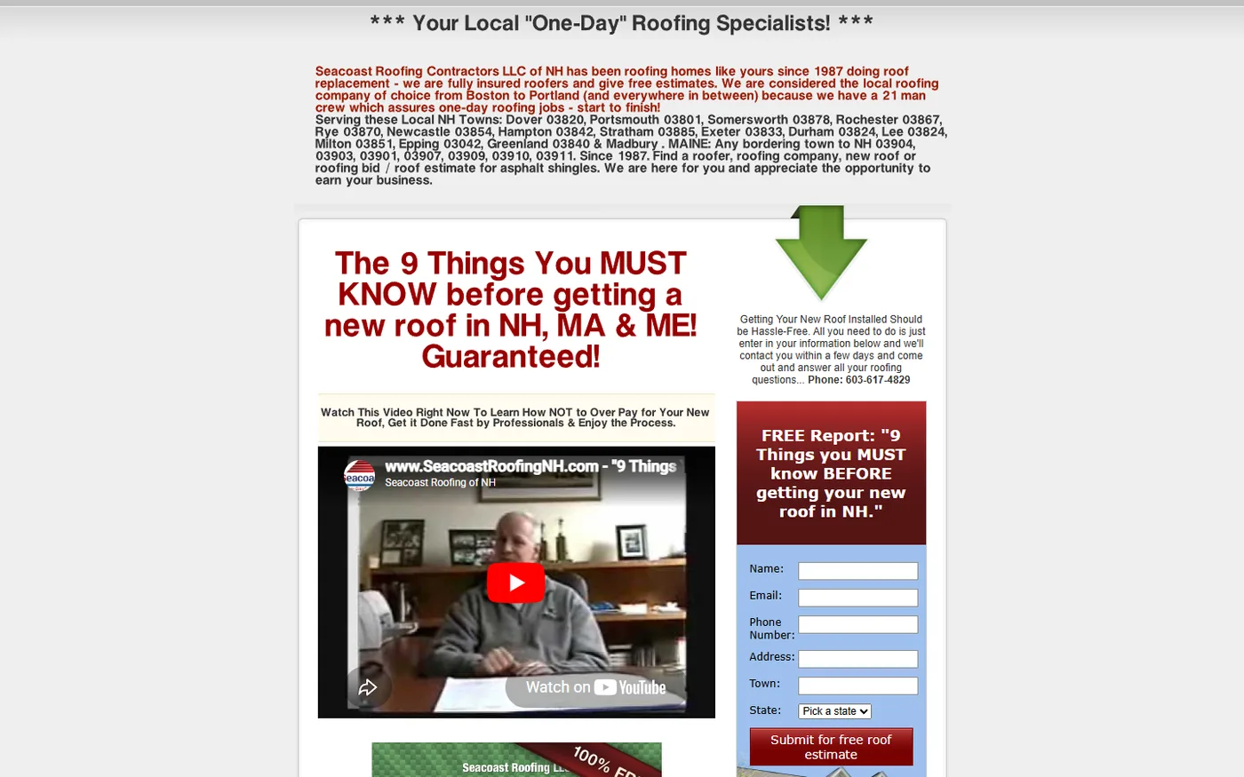 Outdated Seacoast Roofing website with cluttered red text and dated layout